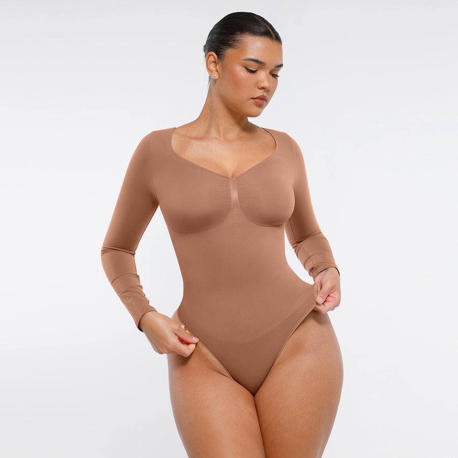 Marcella -  Naadloze Lange Mouw Body met String, Borstondersteuning & Buikcontrole