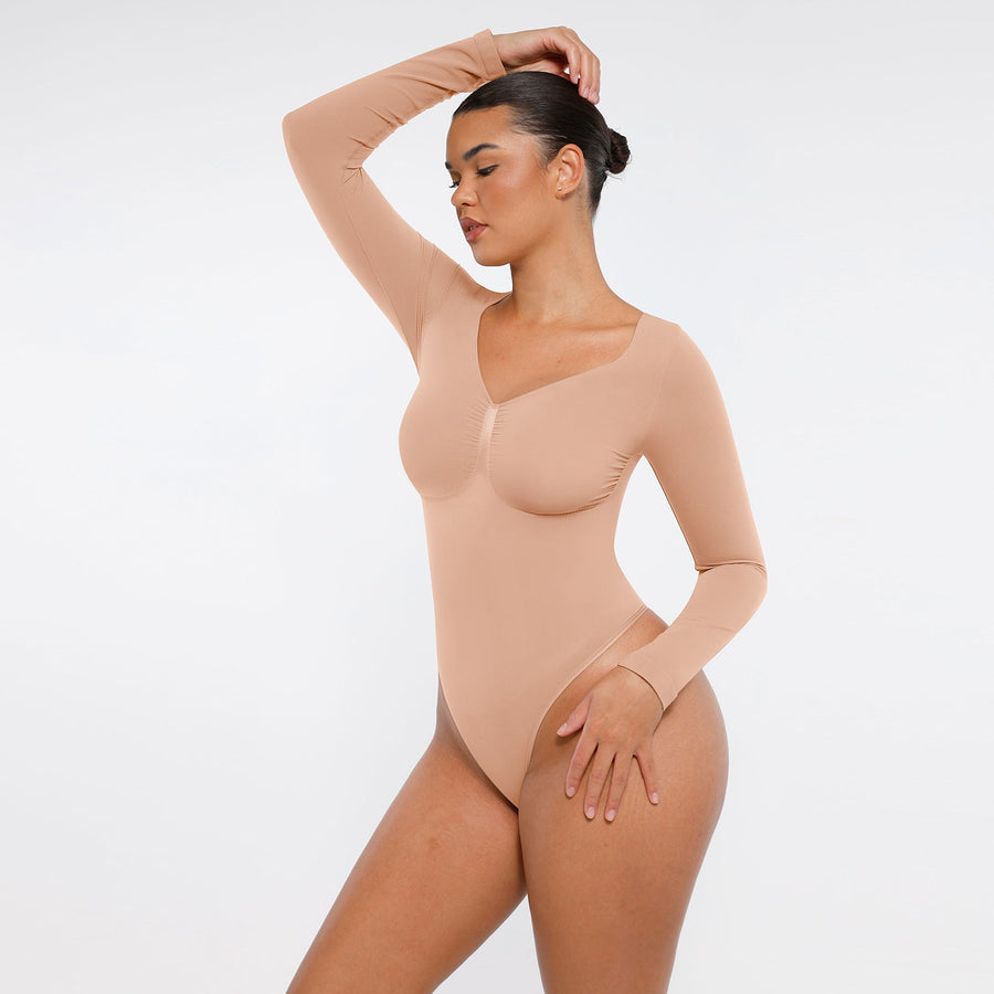 Marcella - Naadloze Lange Mouw Body met String, Borstondersteuning & Buikcontrole - Bella Fit™